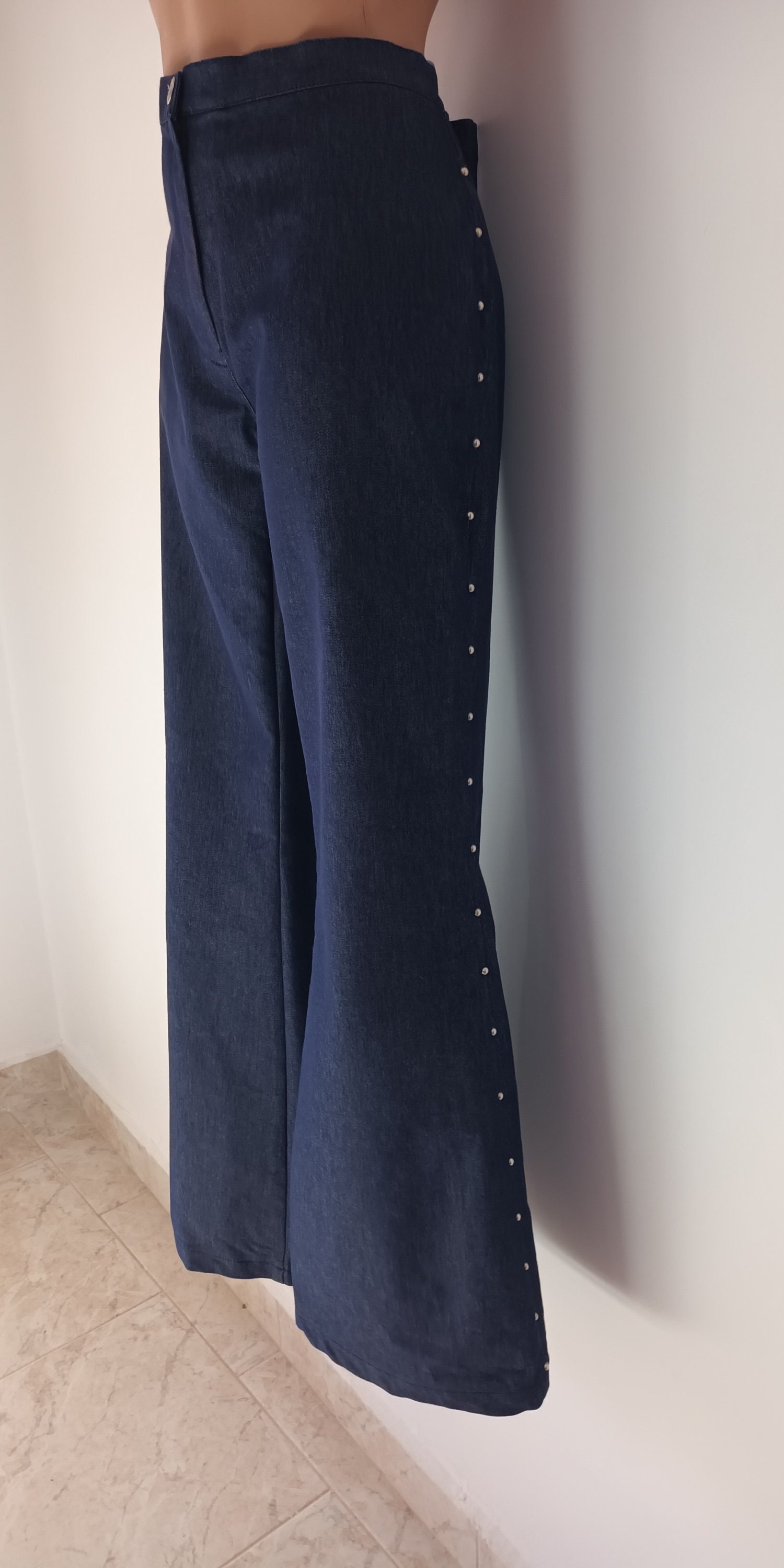 Light blue high-waist wide-leg vintage denim flared pants