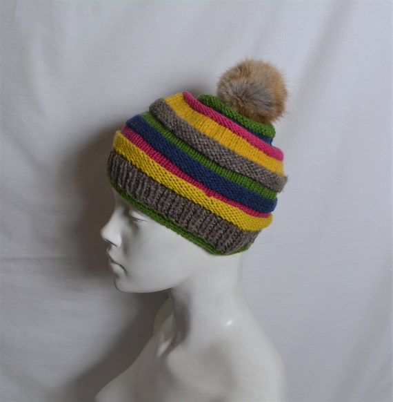 Vintage Kids Knitted Wool Rainbow Beanie with Fur… - image 1