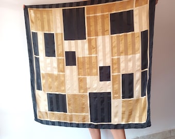 Vintage Dam Stor Fyrkantig Halsduk Geometrisk Mönster Halsduk Svart Guld Beige Semi Satin Stor Fyrkantig Satin Halsduk Svart Guld Fyrkantig Omslagsduk