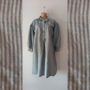 Vintage Women Silk Dirndl Midi Dress Size XXL Blue Gray Silk Dress Long Puffy Balloon Sleeve Trachten Renaissance Fairytale Plaid Silk Dress