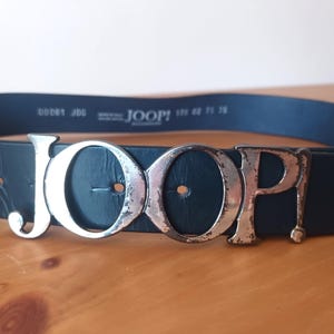 JOOP Vintage Women&#39;s Navy Blue Leather Belt Logo Dark Blue Waist Belt Solid Print Silver Tone Buckle Belt Dark Blue Made in Italy Belt
