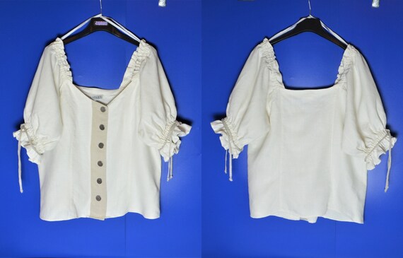 Vintage Women Linen Blouse Size L Off White Dirnd… - image 2