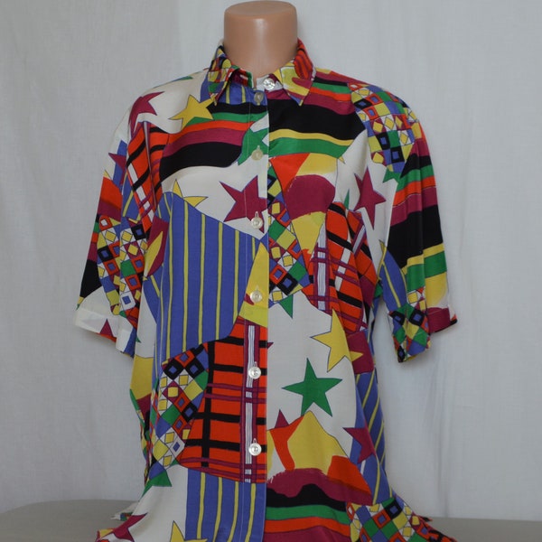 Yessica Vintage Women Blouse Size M/L/42 Colorful Abstract Print Short Sleeve Bright Viscose Shirt Big Stars Colorblock Red Blue Green Top