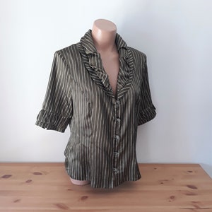 Vintage Women Satin Green Khaki Blouse Size L Green Satin Striped Shirt Short Sleeve Collared Shiny Green Blouse Button Y2K Style Blouse image 9