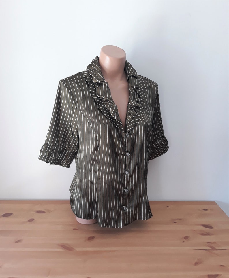 Vintage Women Satin Green Khaki Blouse Size L Green Satin Striped Shirt Short Sleeve Collared Shiny Green Blouse Button Y2K Style Blouse image 9