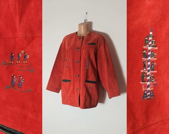 Vintage Women Red Dirndl Suede Jacket Size M/L Red Leather Embroidered Trachten Blazer Buttons Tyrol Oktoberfest Red Suede Jacket