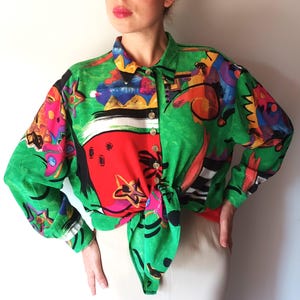 Vintage Womens Green Red Abstract Blouse Size L/42 Green Red Funny Floral Geometric Prints Long Sleeve Shirt Bright Many Colors Viscose Top