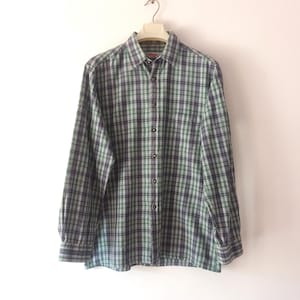 Vintage Mens Dirndl Green Blue Plaid Shirt Size M Plaid Cotton Trachten Shirt Tyrol Loden Oktoberfest Bavarian Buttoned Long Sleeve Shirt