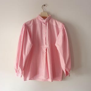 Vintage Womens Dirndl Pink White Shirt Size M/40 Striped Cotton Trachten Top Tyrol Oktoberfest Austria Half Buttoned Puffy Long Sleeve Shirt