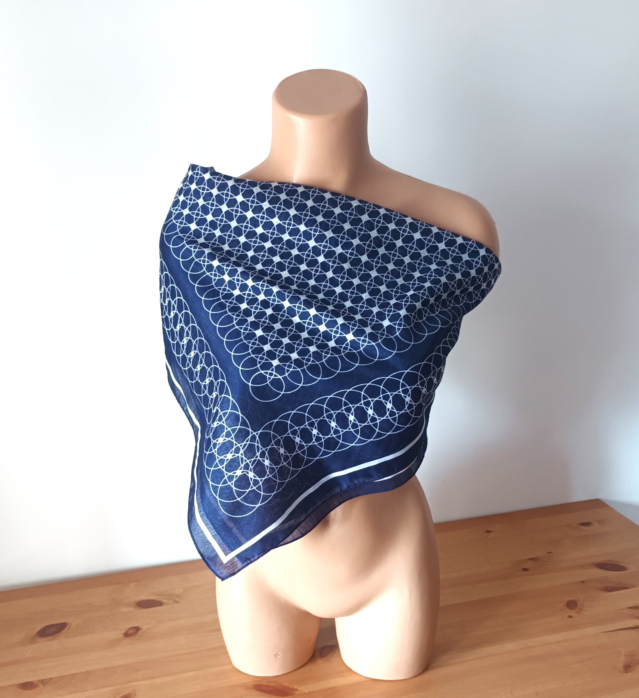 Vintage Navy Blue White Bandana Large Geometric Print Rounds Blue White Viscose Scarf Neckerchief Neck Scarf Headband Blue Kerchief