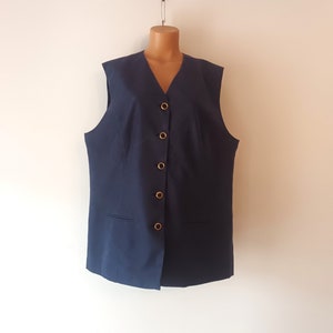 Vintage Women Dark Blue Vest Size XL/50 Navy Blue Solid Sleeveless Jacket Buttons Vest Bodywarmer Fashion Gilet Waistcoat V Neck Style Vest