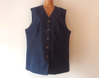 Vintage Women Dark Blue Vest Size XL/50 Navy Blue Solid Sleeveless Jacket Buttons Vest Bodywarmer Fashion Gilet Waistcoat V Neck Style Vest
