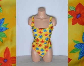 Vintage badpak maat L gele bloemen badmode 1-delig badpak veelkleurig badpak met open achterkant rood blauwe bloemen Y2K-stijl