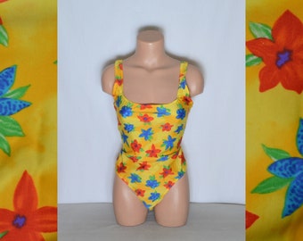 Vintage One Piece Swimsuit Size L Yellow Floral Swimwear 1-Piece Bathing Suit Open-Back Multicolored Bathing Suit Red Blue Flowers Y2K Style