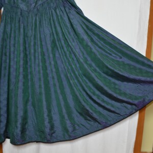 Rare Vintage Women Silk Dirndl Maxi Dress Size S/M Jacquard Green Purple Chameleon Long Dress Long Puffy Sleeve Renaissance Fairytale Dress image 4