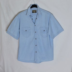 Vintage JOOP Men&#39;s Denim Shirt Size S Snap Buttons Blue Denim Cotton Shirt 90s Jean Short Sleeve Shirt Light Blue Chest Pockets Denim Shirt