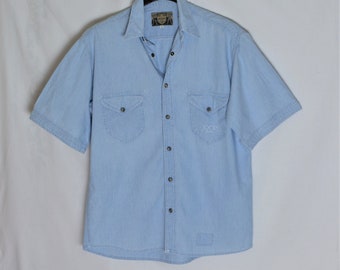 Camisa vaquera vintage JOOP para hombre, talla S, botones a presión, camisa vaquera de algodón azul, camisa vaquera de manga corta de los años 90, camisa vaquera azul claro con bolsillos en el pecho