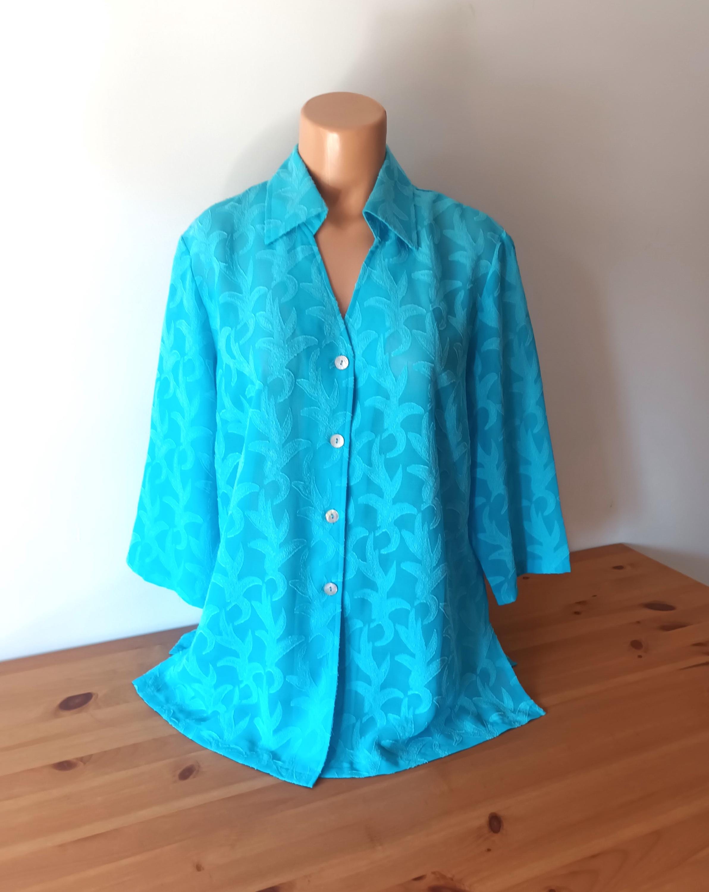 Vintage Women Turquoise Jacquard Blouse Size L/44 Turquoise Blue