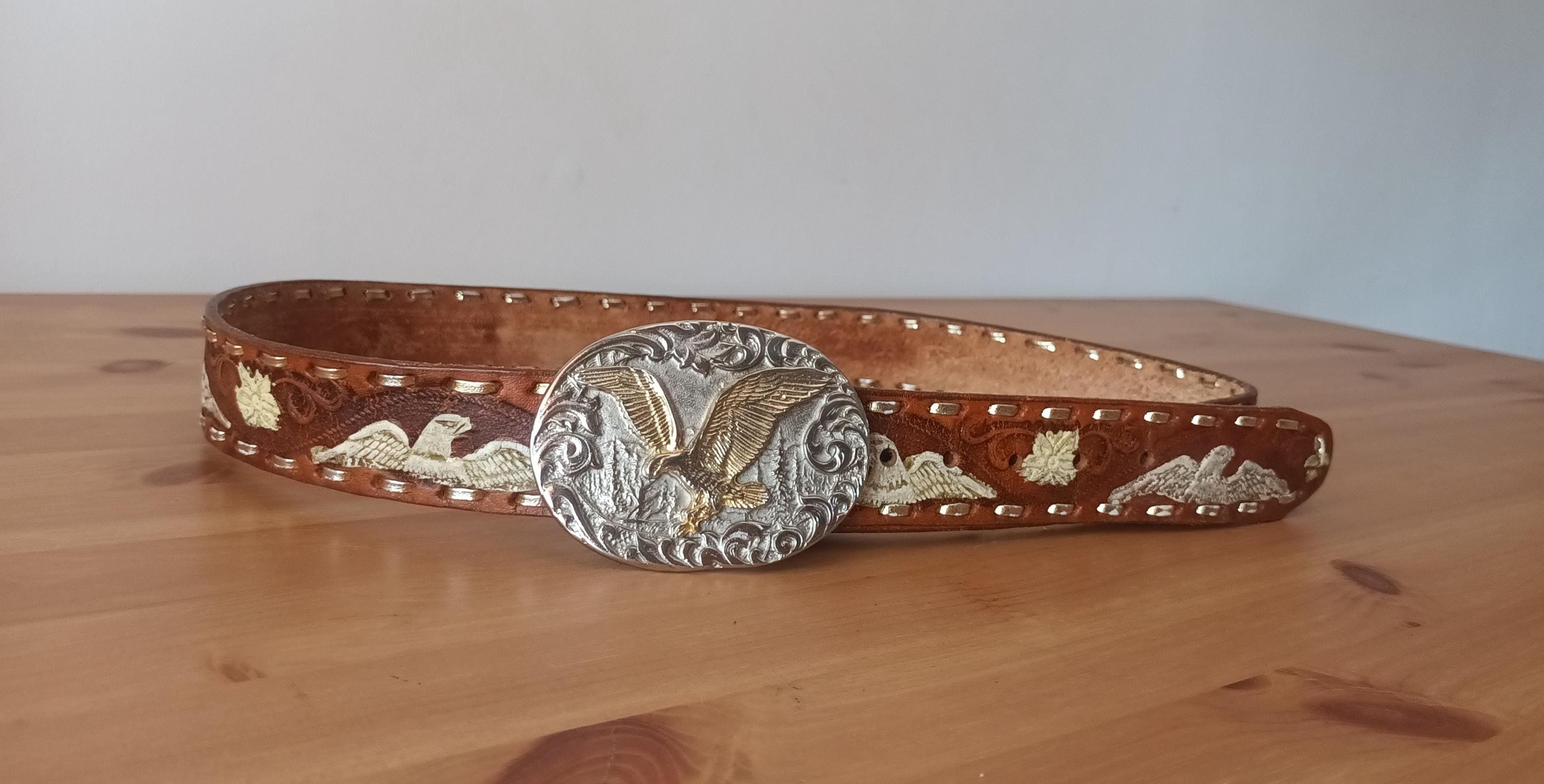 Vintage Brown Leather Western Belt Oval‎ Rhinestone Buckle Tooled Mexico Size 32 Introducing the next iteration in the evolution of my concho  main image 2