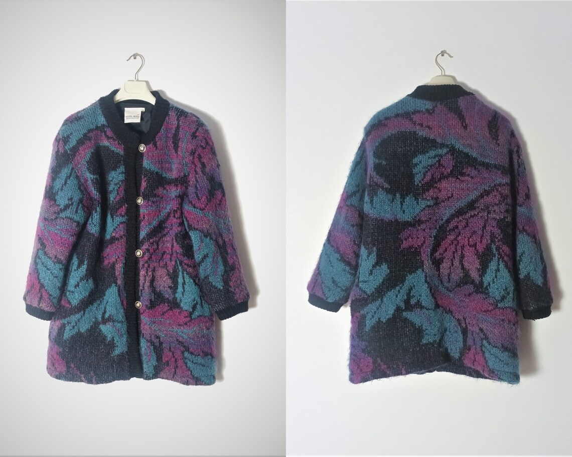 Vintage Women Mohair Wool Cardigan Size M Purple Green Black Fluffy Knit Mohair Wool Jacket Blazer Buttons Winter Mohair Sweater Pullover, foto 1 di 5