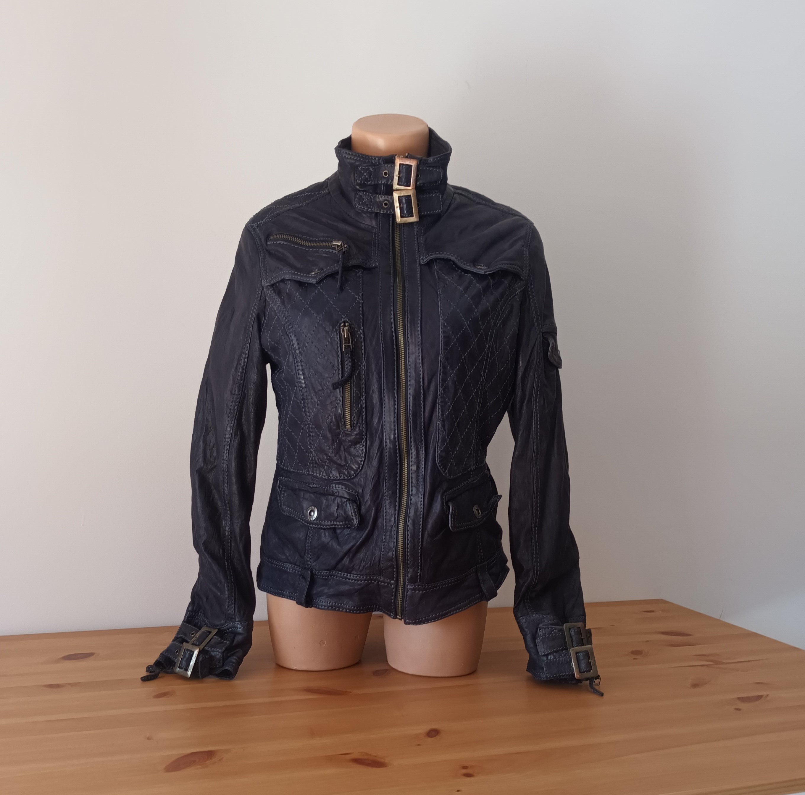 Vintage Women Ink Blue Leather Biker Jacket Size S Grunge