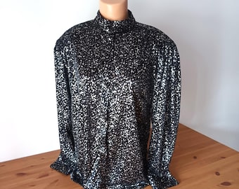 Vintage Womens Black Silver Shiny Blouse Size XL Black Silver Dots Rounds Sparkle Blouse Retro Long Sleeve Buttons Stand Collar Party Shirt