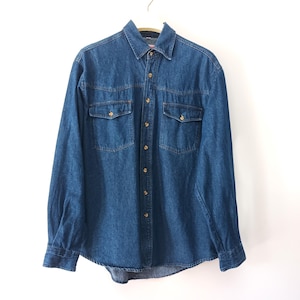 Camisa vaquera azul vintage para hombre, talla M, camisa vaquera azul de manga larga, botones, camisa de algodón, camisa vaquera azul medio, dos bolsillos en el pecho