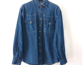 Vintage Herren Blau Jeanshemd Größe M Blau Denim Langarm Hemd Knöpfe Baumwollhemd Jeanshemd Mid Blue Zwei Brusttaschen