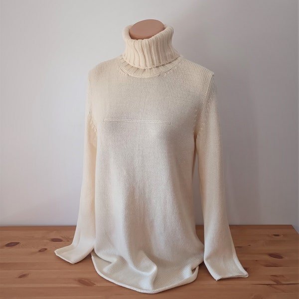 vintage Femmes Laine Mérinos Tricoté Pull Taille S Crème Col Roulé Pull Long Laine Ecru Pull Tricoter Merinos Manches Longues Made in Italy