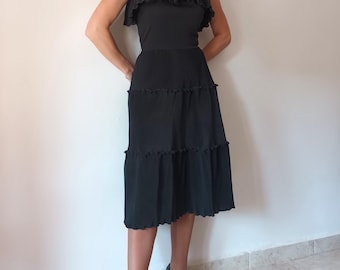 Vintage Women Black Ruffled Midi Dress Size XS Black Sleeveless Ruffles Dress Midi Ruffle Cami Midi Dress Made in England Ruffles Dress