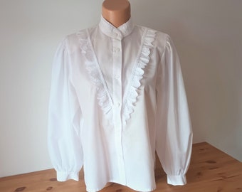 Vintage White Shirt Size M/40 Dirndl Ruffle Cotton Shirt Balloon Puffy Long Sleeves Bib Collar Eyelet Blouse Peasant Style Trachten Top