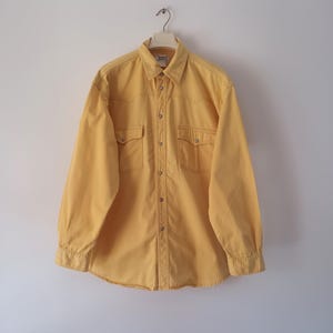 Vintage Men&#39;s Yellow Denim Shirt Size XL Yellow Solid Cotton Shirt Snap Buttons Denim Cotton Shirt Long Sleeve Shirt Chest Pockets Shirt