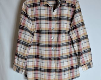 Vintage Women Flannel Plaid Shirt Size L/44 Cotton Plaid Long Sleeve Shirt Warm Soft Button Shirt Red Beige Gray Shirt