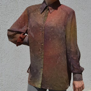 Vintage Women Semi Sheer Ombre Blouse Size L/44 Long Sleeve Brown Purple Khaki Shirt Buttons Multicolored Collared Shirt