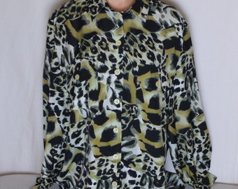 Vintage Women Animal Print Blouse Shirt Size L/XL Leopard Print Shirt Black White Tan Khaki Long Sleeve Viscose Blouse Buttons Top