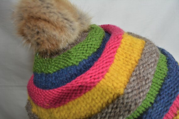 Vintage Kids Knitted Wool Rainbow Beanie with Fur… - image 7