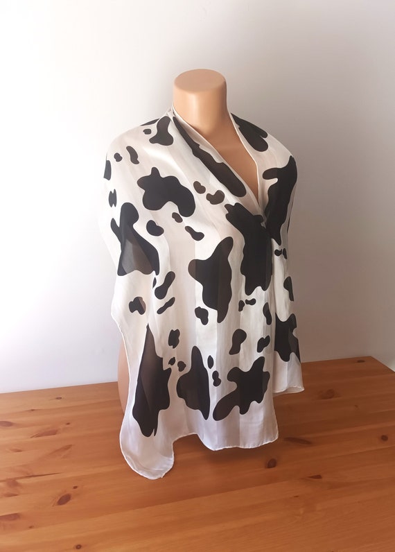 Vintage Women Black White Silk Scarf Cow Print Sil