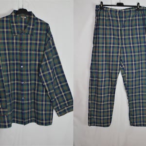 Vintage hombres azul verde pijama set tamaño XL/54 algodón pijama a cuadros franela conjunto manga larga botón camisa pantalones largos algodón pijama conjunto ropa de dormir