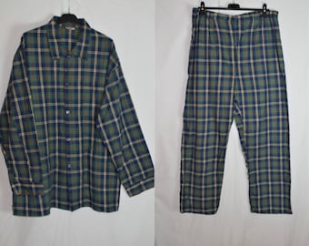 Vintage Men Blue Green Pajama Set Size XL/54 Cotton Pyjama Plaid Flannel Set Long Sleeve Button Shirt Long Pants Cotton Pajama Set Nightwear
