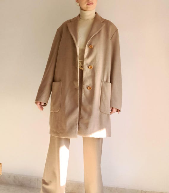 Pal Zileri, Pal Zileri Vintage Mens Camel Wool Midi Coat Size M/48 Beige Brown Wool Overcoat Button Solid Single Breasted Regular Fit Coat Made in Italy