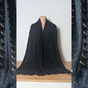 Roeckl Large Wool Black Scarf Women Black Wool Knit Long Scarf Total Black Crochet Braided Lambswool Scarf Wrap Vintage Winter Shawl
