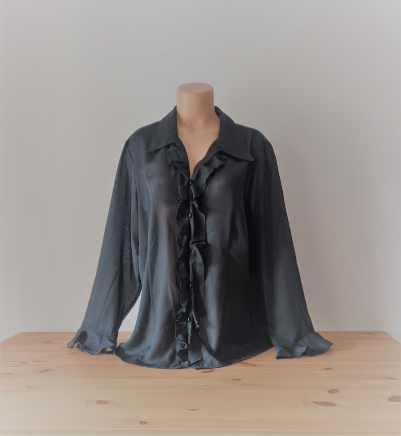 May include: A black long-sleeved blouse with a ruffled front and button closure.