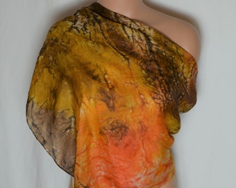 Vintage Seidenschal Hand gefärbt Marmor Schal braun orange abstrakten Druck Quadrat Seidenschal Tie Dye Erdton Farben Seidenschal Orange Schal