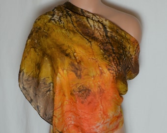 Vintage Hand Dyed Silk Scarf Marble Scarf Brown Orange Abstract Print Square Silk Scarf Tie Dye Earth Tone Colors Silk Scarf