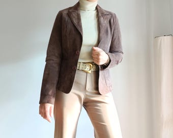 Vintage Womens Cocoa Brown Suede Jacket Size XS Brown Solid Suede Leather Blazer Buttoned Suede Chocolate Brown Short Jacket