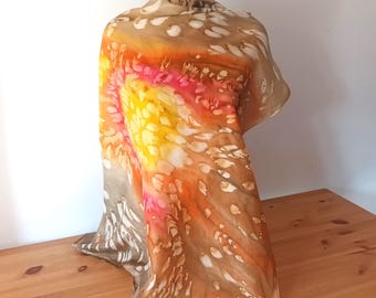 Vintage Braun Gelb Orange Seidenschal Quadratischer Schal Braun Orange Abstrakter Druck Seidenschal Tie Dye Erdfarben Seidenschal