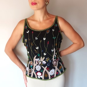 Vintage Womens Black Silk Sequined Beaded Top Size L/46 Black Silk Party Top Sleeveless Fully Beaded Blouse Embroidered Holiday Floral Top