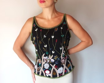 Vintage Womens Black Silk Sequined Beaded Top Size L/46 Black Silk Party Top Sleeveless Fully Beaded Blouse Embroidered Holiday Floral Top