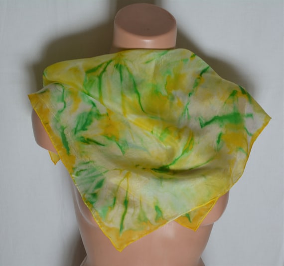 Vintage Yellow Silk Scarf Hand Dyed Handrolled Si… - image 3