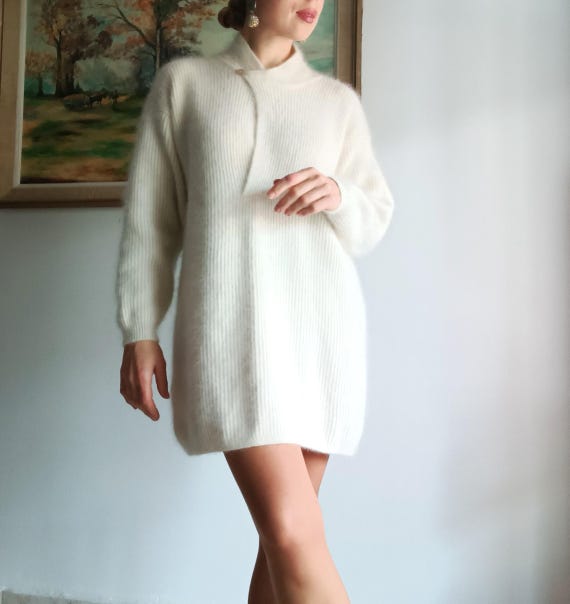 Biba, BIBA+Pariscop Vintage Cream Wool Tunic Dress Size M Ecru Lambswool Angora Mini Dress Long Sleeve Ecru Knit Short Dress Long Angora Sweater